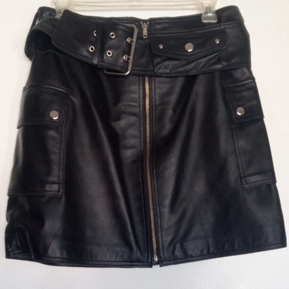 Women's Inc Black 100% Leather Mini Skirt Side Pockets Zipper Size 8 New